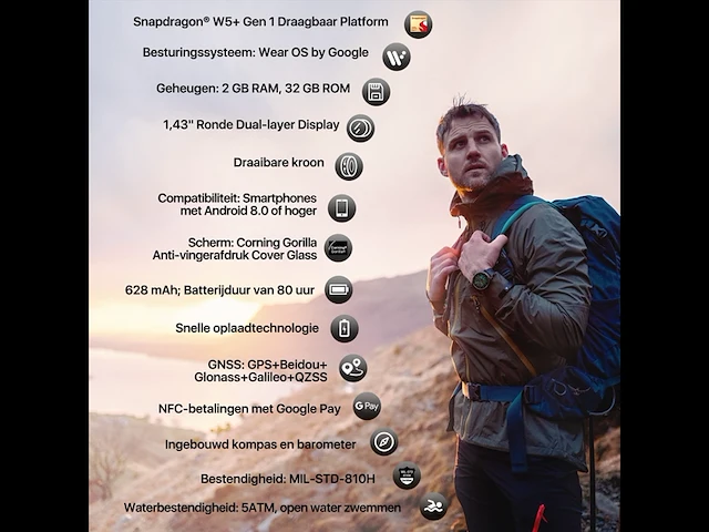 Ticwatch pro 5 android smartwatch snapdragon w5+ gen 1 platform wear os smart watch gps 5atm waterbestendigheid zwart - afbeelding 2 van  5