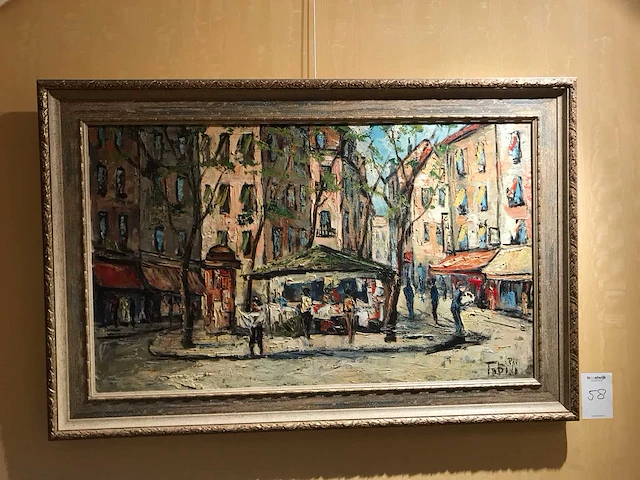 Tobino paris - stadsplein met marktkraam in parijs - olieverf op doek - afbeelding 1 van  5