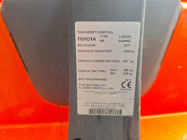 Toyota - 2017 - lwe 200 - elektrische palletwagen - afbeelding 6 van  7