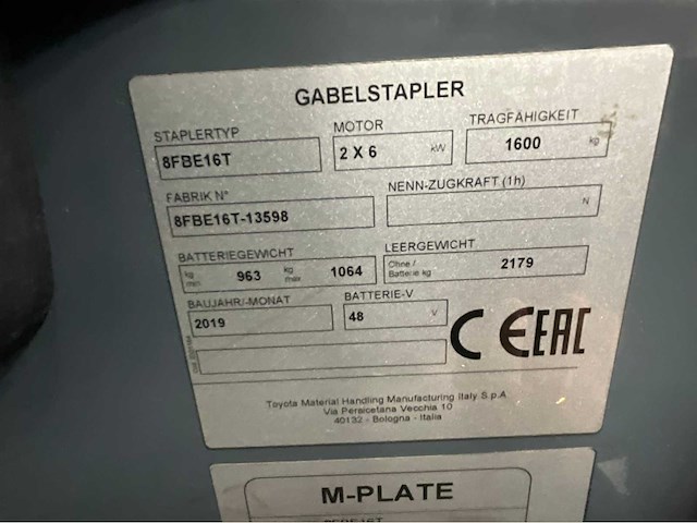 Toyota - 8fbe16t - vorkheftruck bj 2019- lepels 160cm, 7325 uur - afbeelding 9 van  20