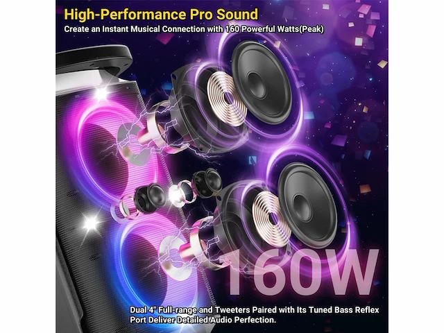 Tpbeat bluetooth luidspreker 160 w partybox met led lichtshow & 15 uur accuduur zwart - afbeelding 2 van  3