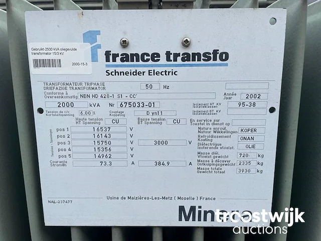 Transformator 2000 kva 15.750/3.000 volt - afbeelding 8 van  8