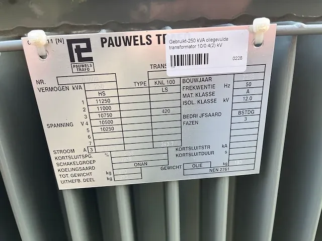 Transformator 250 kva 10.750 / 420 volt - afbeelding 2 van  3