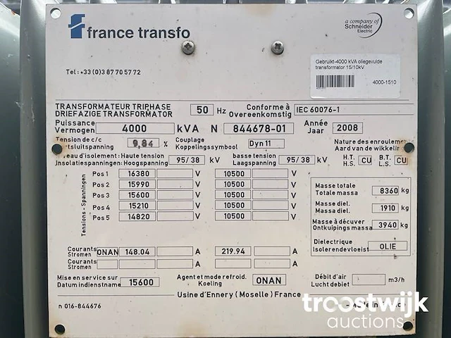 Transformator 4000 kva 15600/10500 volt - afbeelding 9 van  9