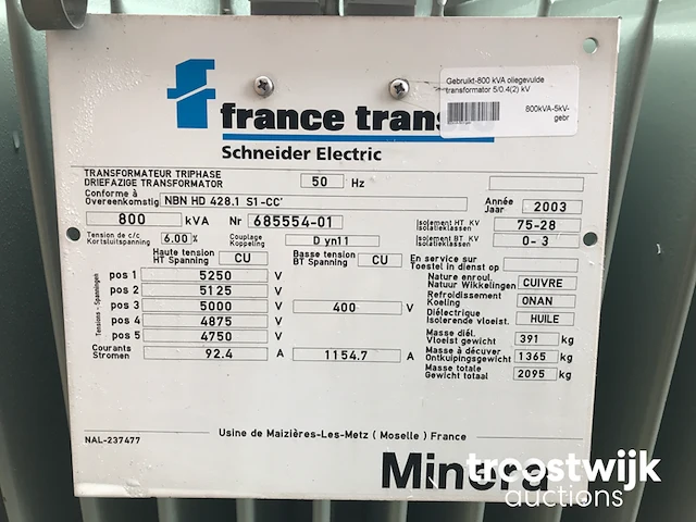 Transformator 800 kva 5000/400 volt - afbeelding 8 van  8