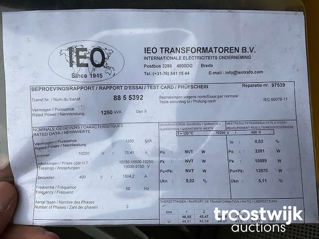 Transformer 1250 kva 10.250 / 400 volt - afbeelding 14 van  14