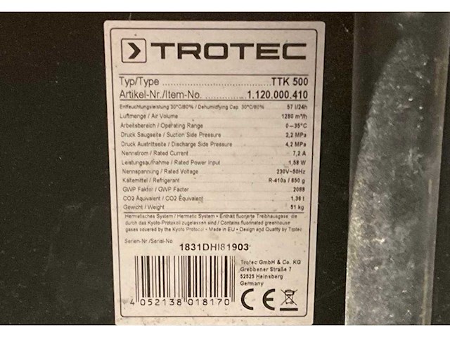 Trotec ttk 500 condensatiedroger / bouwdroger - afbeelding 9 van  9