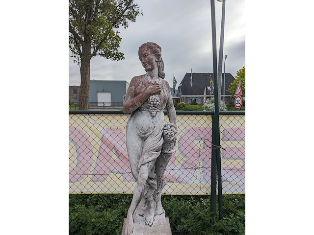 Tuinbeeld vrouw met druiven op sokkel gepatineerd - afbeelding 7 van  11