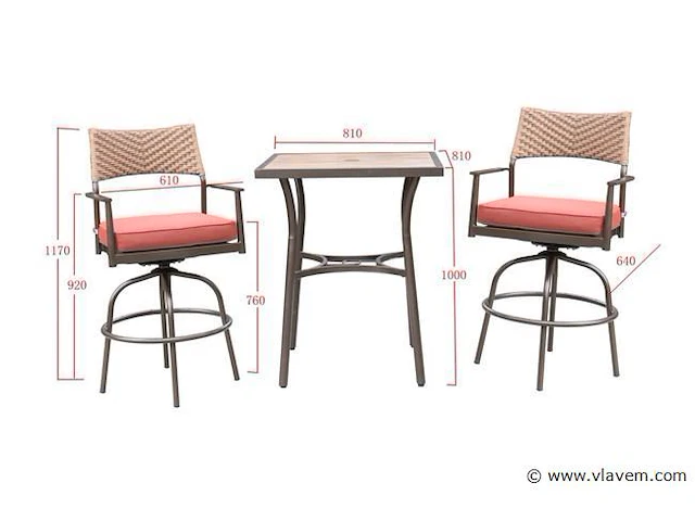 Tuinset 3-delig - barset hoog - bruin wicker + rode kussens - afbeelding 3 van  3