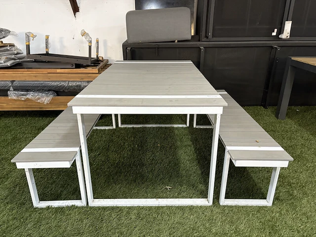 Tuintafel met twee tuinbanken, wit, grijs - afbeelding 1 van  6