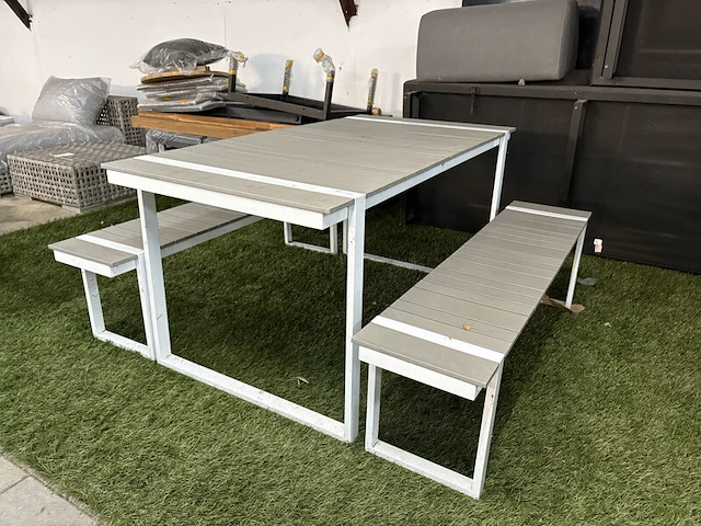 Tuintafel met twee tuinbanken, wit, grijs - afbeelding 2 van  6
