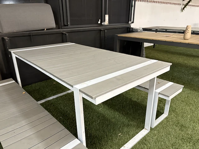 Tuintafel met twee tuinbanken, wit, grijs - afbeelding 4 van  6