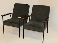 Twee antraciet gestoffeerde fauteuils wood . afmeting 65 x 65 x 90 cm. - afbeelding 1 van  4