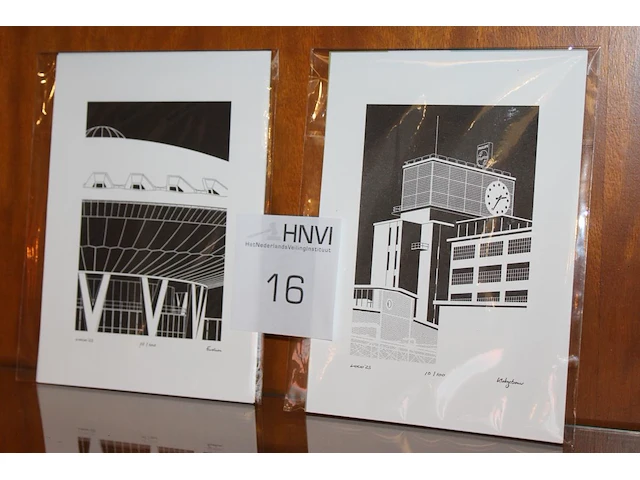 Twee litho's evoluon en klokgebouw. - afbeelding 1 van  3