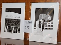 Twee litho's evoluon en klokgebouw. - afbeelding 1 van  3