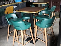 Twee statafels 70 x 70 x 110 cm met acht barkrukken met kunstlederen bekleding. afmeting