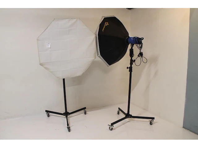 Twee studioflitsers mettle 400 q met parapluboxen op statief. - afbeelding 1 van  10