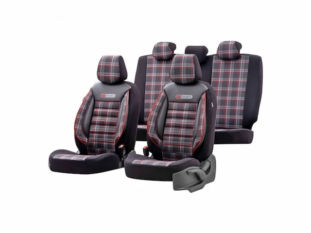 Universele stoffen stoelhoezenset 'sports' zwart/grijs/rood 11-delig geschikt voor side-airbags - afbeelding 1 van  3