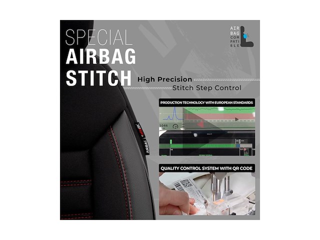 Universele stoffen/leder stoelhoezenset 'limited' zwart + rode stiksels 11delig geschikt voor sideairbags - afbeelding 4 van  4