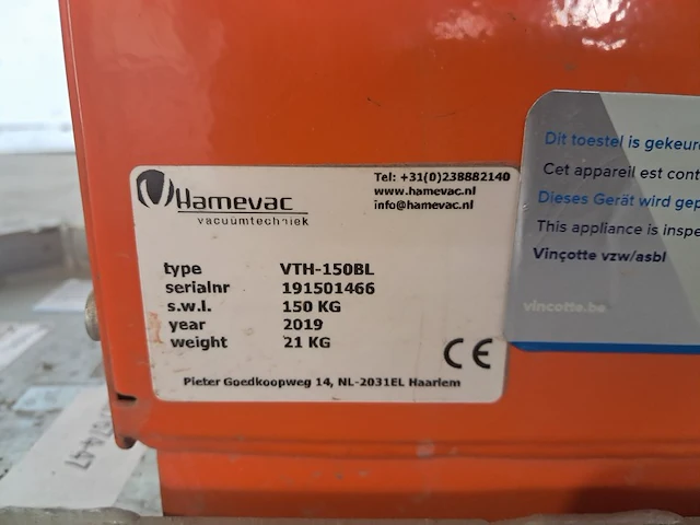 Vacuüm hijsunit 150kg 230v hamevac, vth-150-bl, bouwjaar 2019 - afbeelding 6 van  6