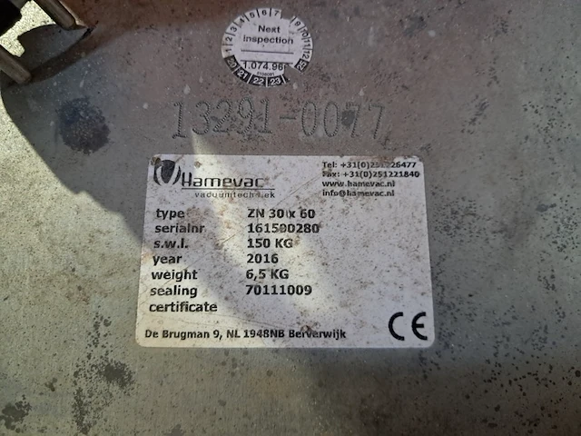 Vacuüm hijsunit met zuignap 150kg 230v hamevac, vth-150-bl, bouwjaar 2016 - afbeelding 6 van  6