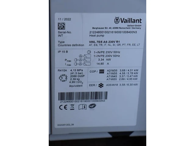 Vaillant arotherm 75/5 as 230v r1 split lucht/water warmtepomp - afbeelding 9 van  14