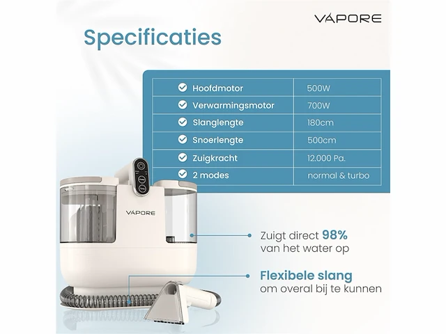 Vapore tapijtreiniger draagbare vlekkenreiniger met zuigkracht 1200w wit - afbeelding 2 van  6