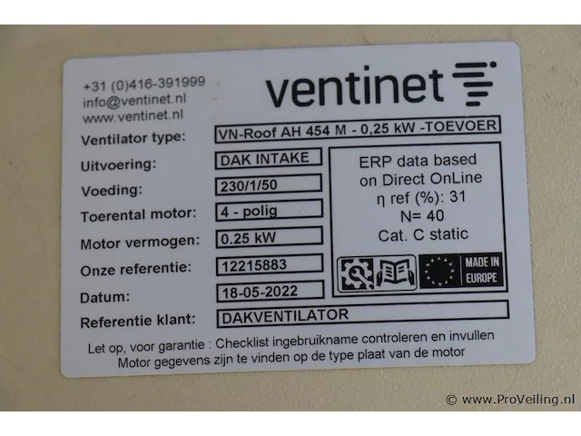 Ventinet dakventilator type vn-roof ah 454 m - 0,25kw - toevoer - afbeelding 2 van  7