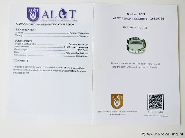 Verdelite 3.36ct algt certified - afbeelding 8 van  8