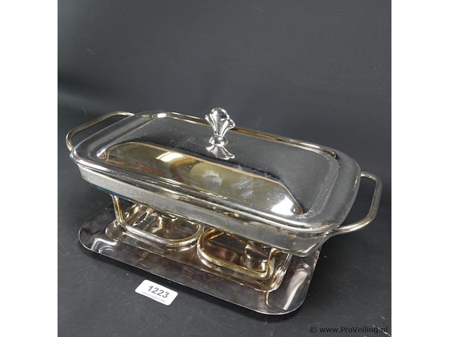 Verzilverde rechaud met hardglazen schaal - afbeelding 1 van  5