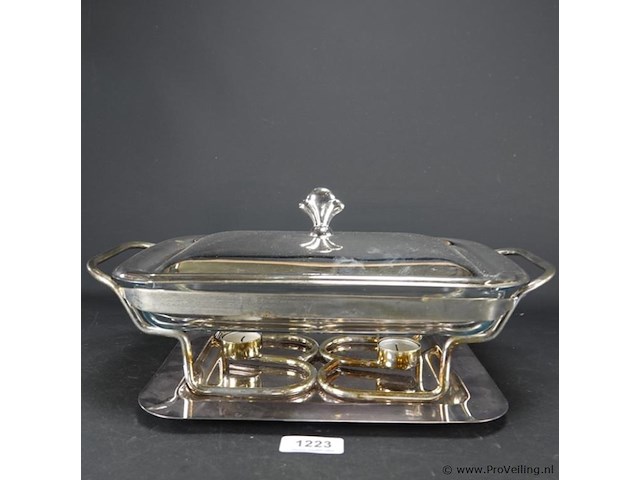 Verzilverde rechaud met hardglazen schaal - afbeelding 2 van  5