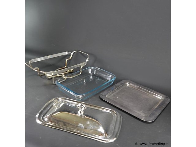 Verzilverde rechaud met hardglazen schaal - afbeelding 3 van  5