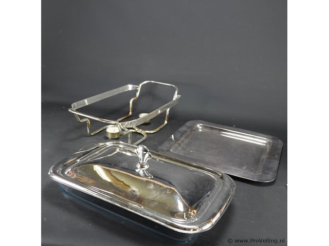 Verzilverde rechaud met hardglazen schaal - afbeelding 5 van  5