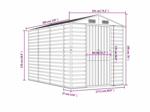 Vidaxl metalen tuinschuur groen - 300x191x198 cm - afbeelding 8 van  8