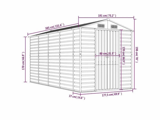 Vidaxl metalen tuinschuur groen - 385x191x198 cm - afbeelding 5 van  8