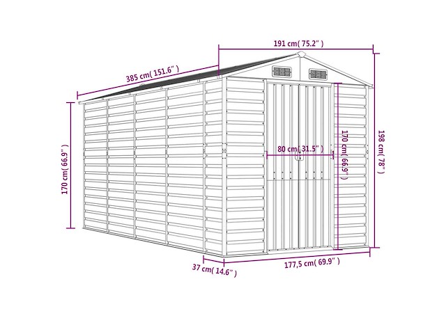 Vidaxl metalen tuinschuur groen - 385x191x198 cm - afbeelding 5 van  8