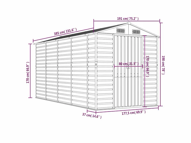 Vidaxl metalen tuinschuur hout - 385x191x198 cm - afbeelding 5 van  5