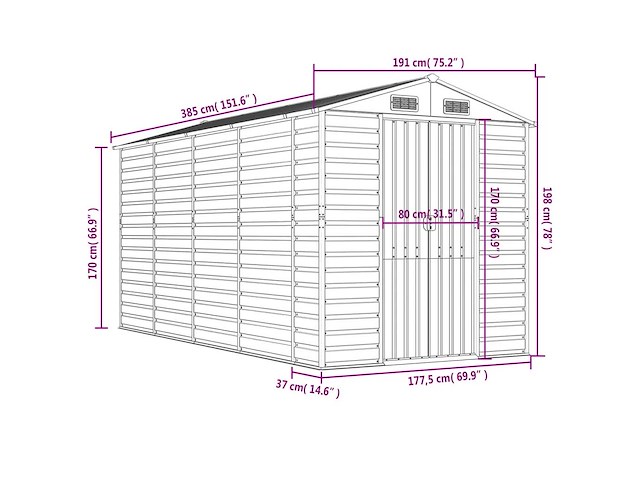 Vidaxl metalen tuinschuur hout - 385x191x198 cm - afbeelding 5 van  5
