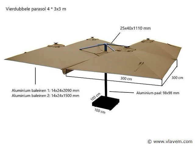 Vierdubbele hangende parasol zandkleurig (4 * 300x300cm) - afbeelding 7 van  11