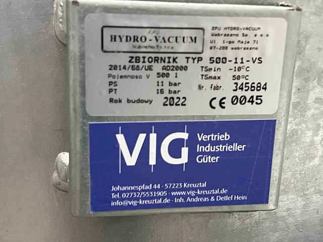 Vig/hydro-vacuum - zbiornik typ 500-11-vs - hydro tank - afbeelding 2 van  2
