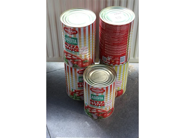Vijf blikken pizzasaus rodolfi ardita. totaal 20 kg. tht 6-26. - afbeelding 2 van  3