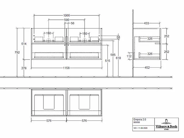 Villeroy & boch empora 2.0 wastafelonderbouwkast m. 4 laden v. dubbele wastafel - afbeelding 3 van  4