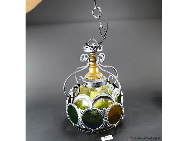 Vintage tinnen glas en lood bollamp - afbeelding 1 van  5
