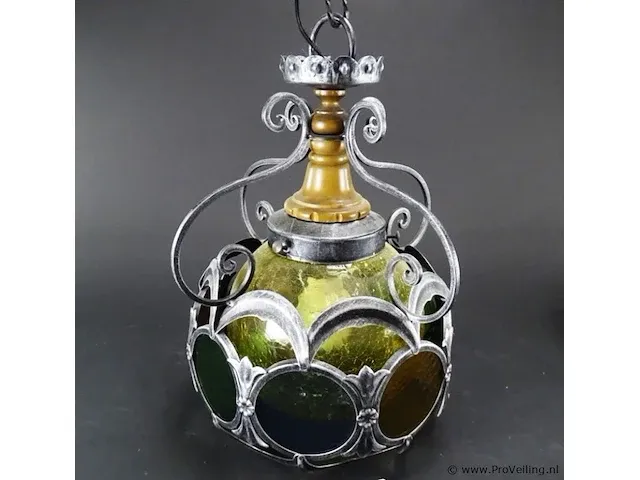Vintage tinnen glas en lood bollamp - afbeelding 2 van  5
