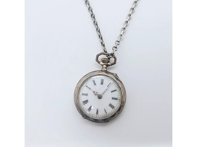 Vintage zilveren romeins zakhorloge met ketting - afbeelding 1 van  6