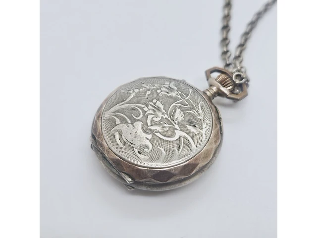 Vintage zilveren romeins zakhorloge met ketting - afbeelding 4 van  6