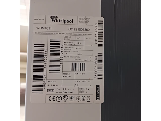 Vrieskist, whirlpool, whm4611, wit - afbeelding 10 van  10