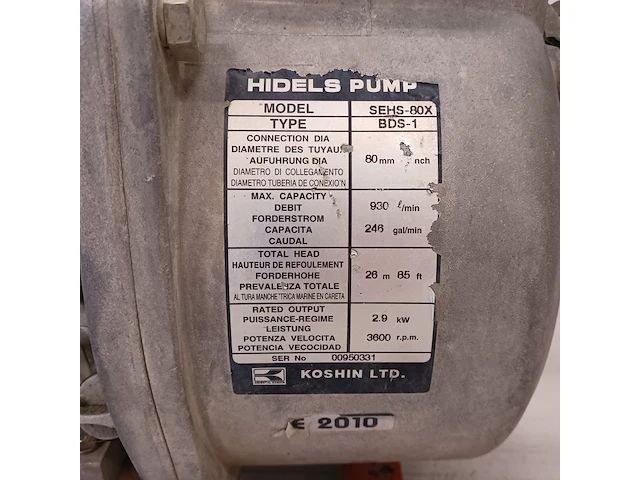 Vuilwaterpomp 54m³ benzine koshin, seh-80x, bouwjaar 2011 - afbeelding 2 van  10