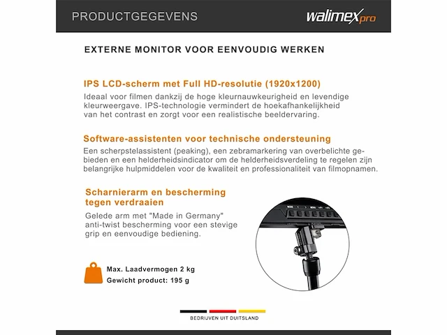 Walimex pro full hd monitor director iii set 7 inch ips lcdscherm scharnierarm & bescherming tegen verdraaien inclusief batterij & oplader - afbeelding 2 van  4