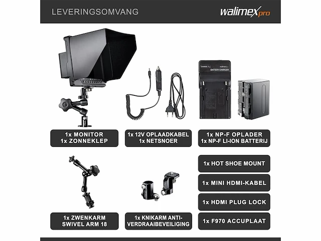 Walimex pro full hd monitor director iii set 7 inch ips lcdscherm scharnierarm & bescherming tegen verdraaien inclusief batterij & oplader - afbeelding 3 van  4